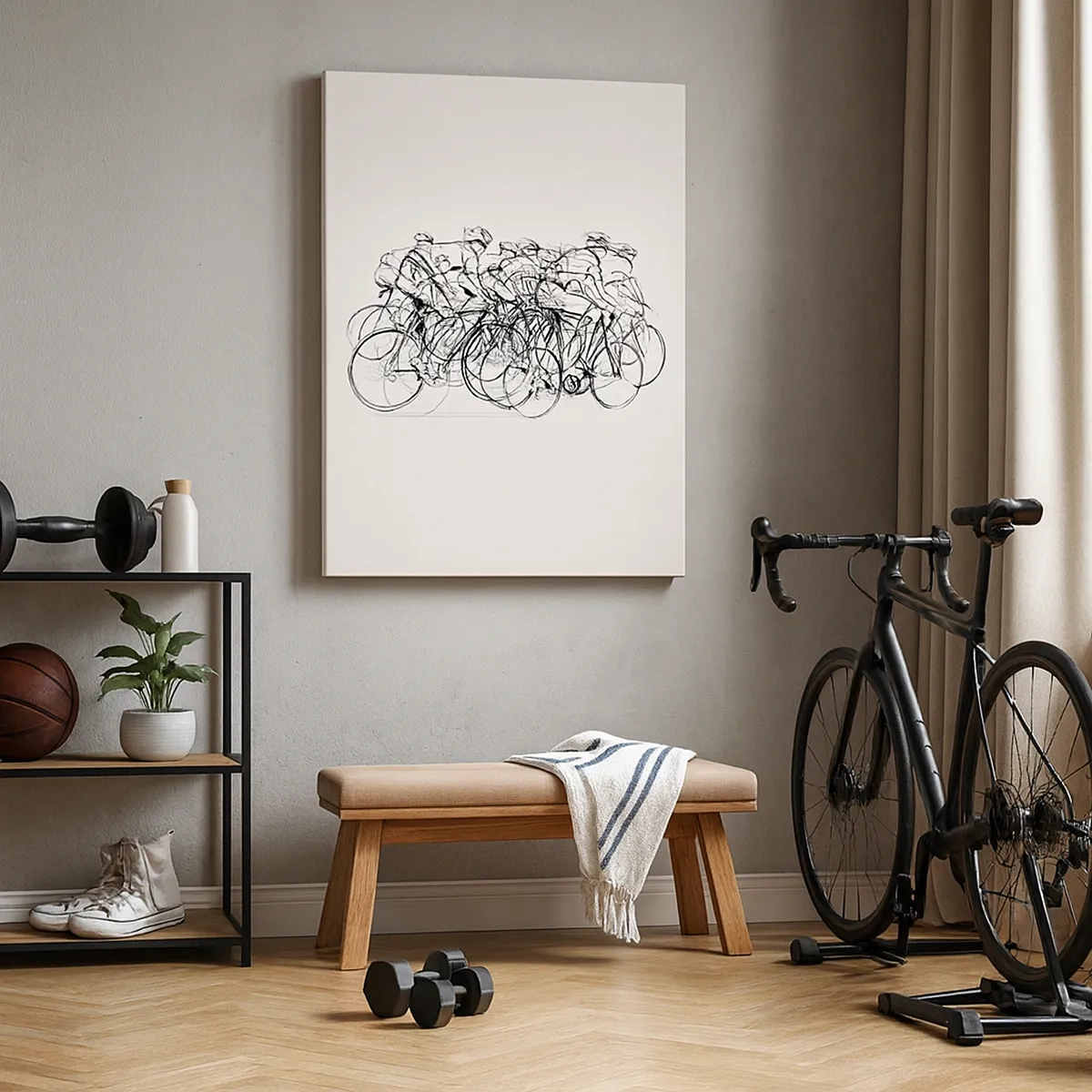 Obraz na płótnie - Minimalistyczna grafika przedstawiająca peleton kolarzy w ruchu - 50x70cm - Wespół w zespół - Nowoczesna dekoracja ścienna do salonu, kuchni i sypialni ARTTOR
