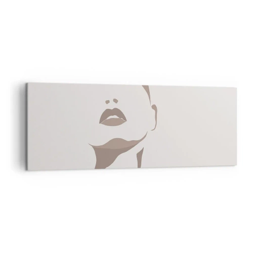 Obraz na płótnie - Minimalistyczny kontur kobiecej twarzy w delikatnych beżach - 140x50cm - Stworzona ze światła i cienia - Nowoczesna dekoracja ścienna do salonu i sypialni ARTTOR