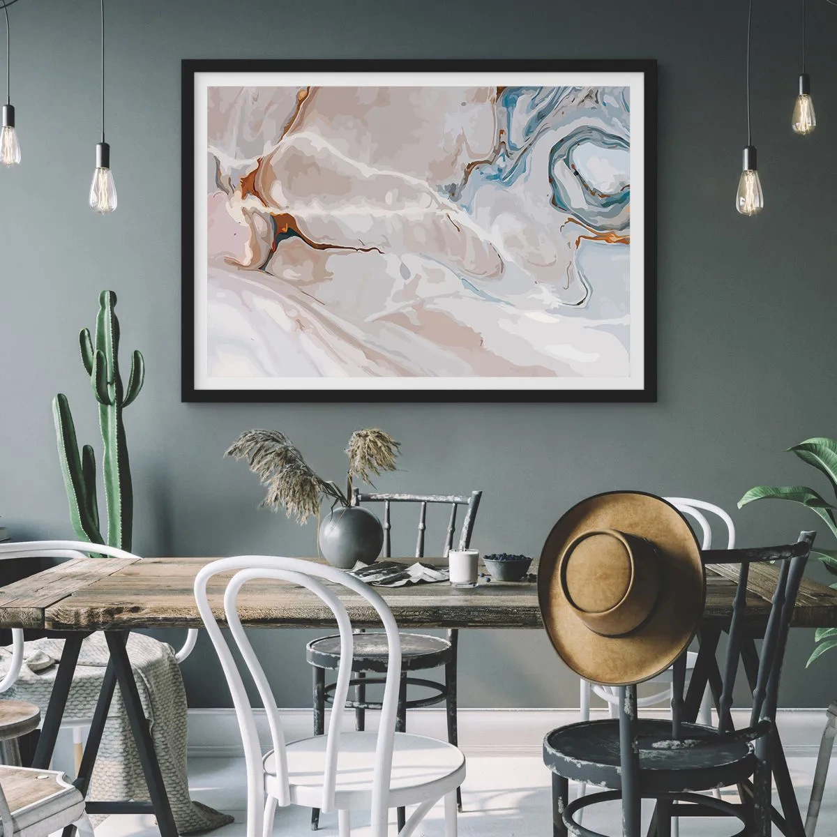 Plakat w czarnej ramie - Abstrakcyjny wzór w odcieniach bieli i błękitu - 70x50cm - Błękitne meandry pod bielą - Nowoczesna dekoracja ścienna do salonu i sypialni ARTTOR