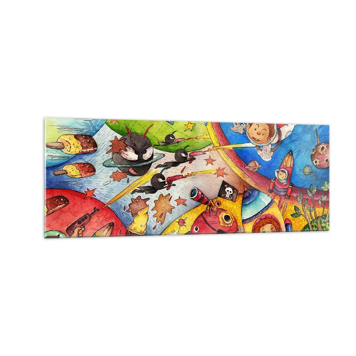 Obraz na szkle - Kolorowa scena kosmiczna pełna dzieci i statków kosmicznych - 140x50cm - Wielka kosmiczna przygoda - Nowoczesna dekoracja ścienna do salonu i sypialni ARTTOR