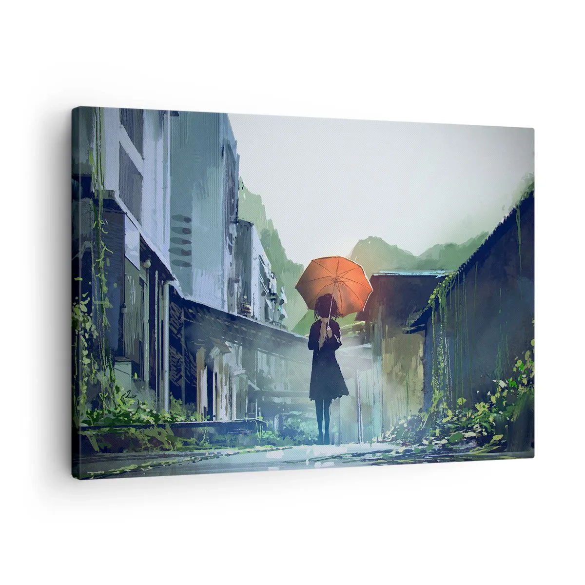 Obraz na płótnie - Postać z parasolem w deszczowym mieście - 70x50cm - Ożywczy deszcz - Nowoczesna dekoracja ścienna do salonu i sypialni ARTTOR