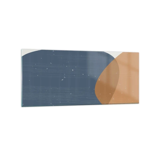 Obraz na szkle - Minimalistyczna kompozycja geometryczna w odcieniach niebieskiego i pomarańczowego - 120x50cm - Owale i wpływy - Nowoczesna dekoracja ścienna do salonu i sypialni ARTTOR