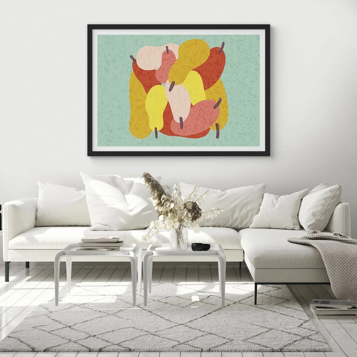 Plakat w czarnej ramie - Kolorowe abstrakcyjne gruszki na tle zielonym - 70x50cm - Spróbuj letniego słońca - Nowoczesna dekoracja ścienna do salonu i sypialni ARTTOR