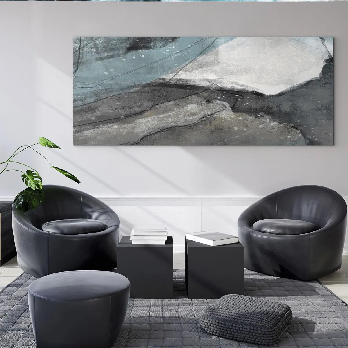 Obraz na szkle - Abstrakcyjna kompozycja w odcieniach szarości i błękitu - 140x50cm - Abstrakcja: skały i lód - Nowoczesna dekoracja ścienna do salonu i sypialni ARTTOR