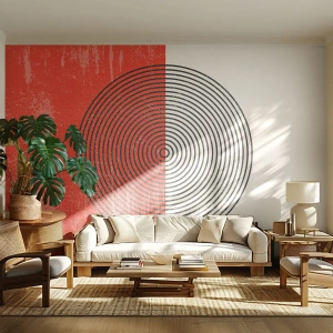 Fototapeta Standard Eco - Geometryczna kompozycja z czarno-białym okręgiem na tle czerwieni - 100x70cm - W samo sedno - Nowoczesna dekoracja ścienna do salonu i sypialni ARTTOR