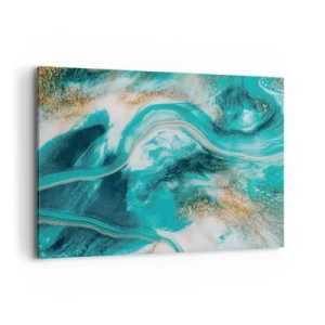 Obraz na płótnie - Turkusowa abstrakcja z białymi i złotymi akcentami - 100x70cm - Rzeka złota - Nowoczesna dekoracja ścienna do salonu, kuchni i sypialni ARTTOR