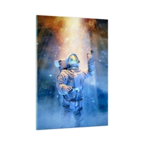 Obraz na szkle - Astronauta w kosmosie oświetlony promieniami światła - 50x70cm - Wreszcie u celu - Nowoczesna dekoracja ścienna do salonu, kuchni i sypialni ARTTOR