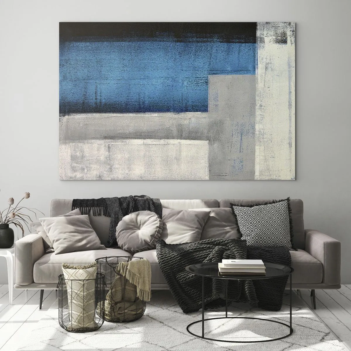 Obraz na szkle - Geometryczna abstrakcja w błękicie, szarości i bieli - 70x50cm - Kompozycja poetycka szarości i błękitu - Nowoczesna dekoracja ścienna do salonu i sypialni ARTTOR
