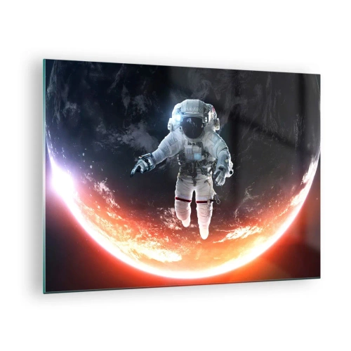 Obraz na szkle - Astronauta w przestrzeni kosmicznej na tle planety - 70x50cm - Mogę zostać jeszcze chwilę? - Nowoczesna dekoracja ścienna do salonu i sypialni ARTTOR