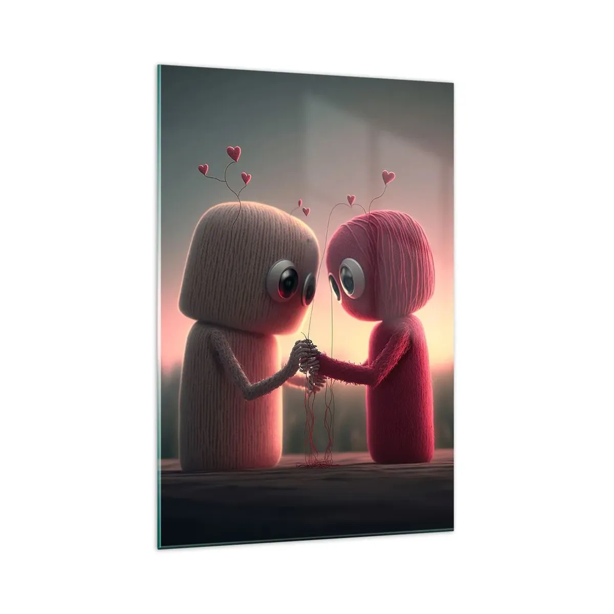 Obraz na szkle - Postacie z włóczki w uroczej scenerii z sercami - 70x100cm - Każdemu wolno kochać - Nowoczesna dekoracja ścienna do salonu i sypialni ARTTOR