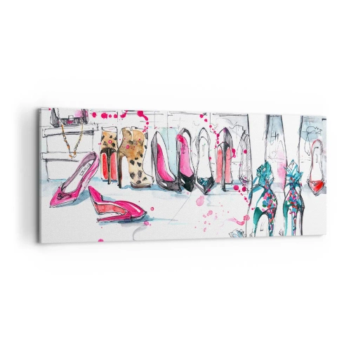 Obraz na płótnie - Artystyczna grafika z butami na wysokim obcasie i akcesoriami - 120x50cm - Sezamie, otwórz się - Nowoczesna dekoracja ścienna do salonu i sypialni ARTTOR