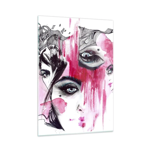 Obraz na szkle - Abstrakcyjne kobiece twarze z różowymi akcentami w stylu szkicu - 50x70cm - Abstrakcyjne oczy - Nowoczesna dekoracja ścienna do salonu, kuchni i sypialni ARTTOR