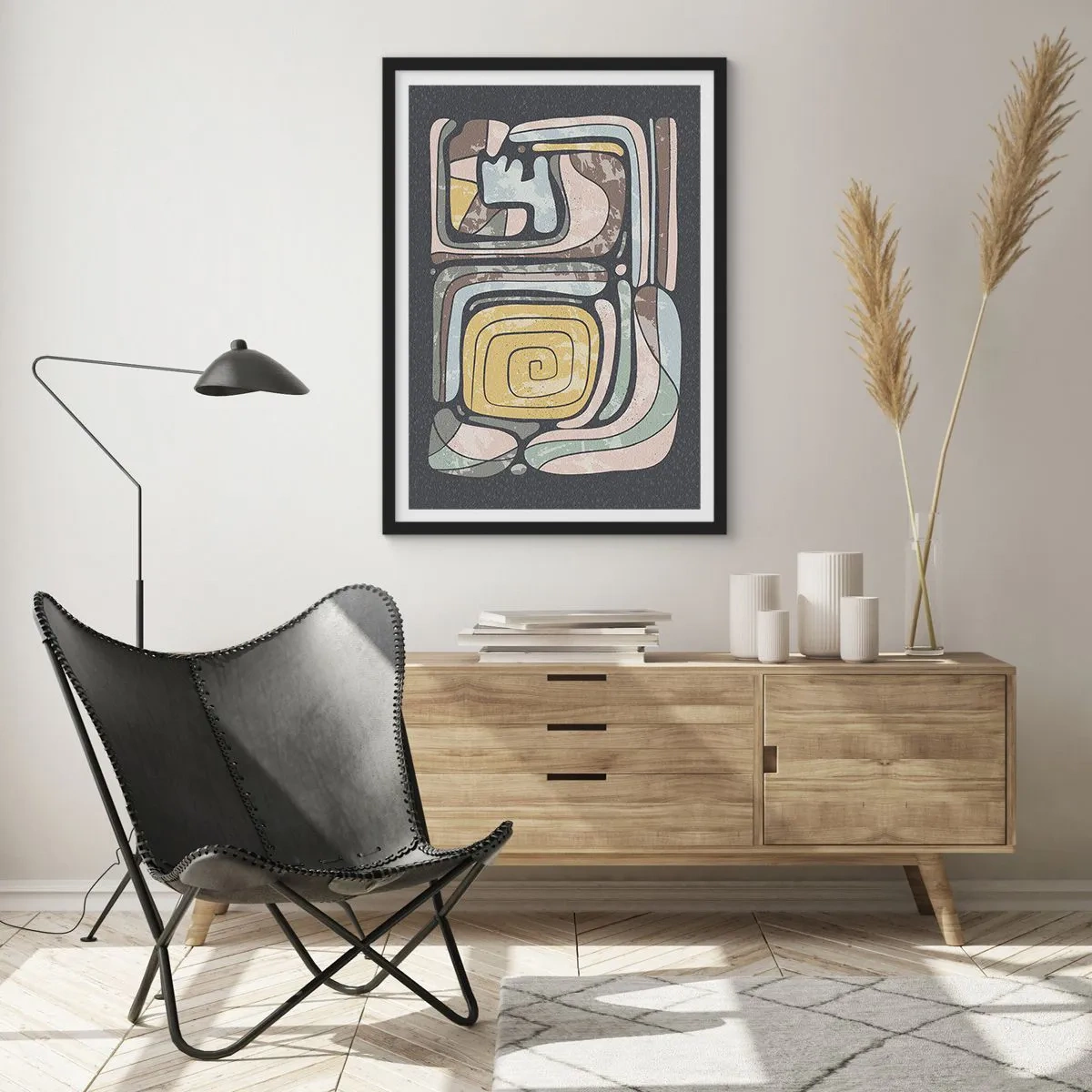 Plakat w czarnej ramie - Abstrakcyjna grafika z geometrycznymi wzorami w odcieniach ziemi - 50x70cm - Abstrakcja w duchu prekolumbijskim - Nowoczesna dekoracja ścienna do salonu i sypialni ARTTOR