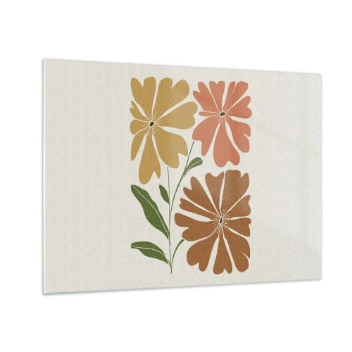 Obraz na szkle - Trzy stylizowane kwiaty w ciepłych barwach na jasnym tle - 70x50cm - Natura i geometria - Nowoczesna dekoracja ścienna do salonu i sypialni ARTTOR