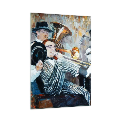 Obraz na szkle - Zespół jazzowy w klimatycznej impresjonistycznej scenie - 50x70cm - Cały ten jazz - Nowoczesna dekoracja ścienna do salonu, kuchni i sypialni ARTTOR