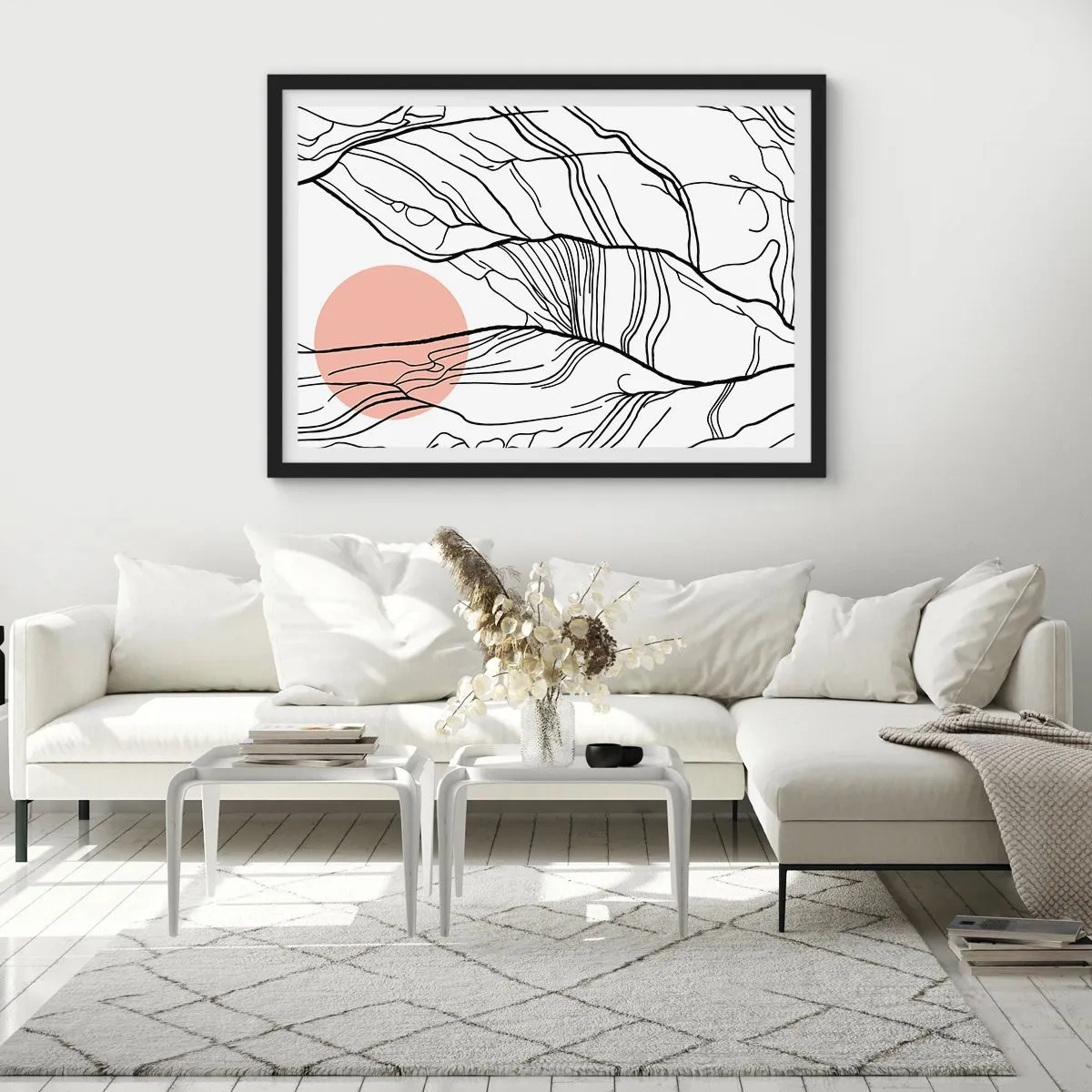 Plakat w czarnej ramie - Minimalistyczne linie z geometrycznym akcentem - 100x70cm - W sieci gałązek - Nowoczesna dekoracja ścienna do salonu i sypialni ARTTOR