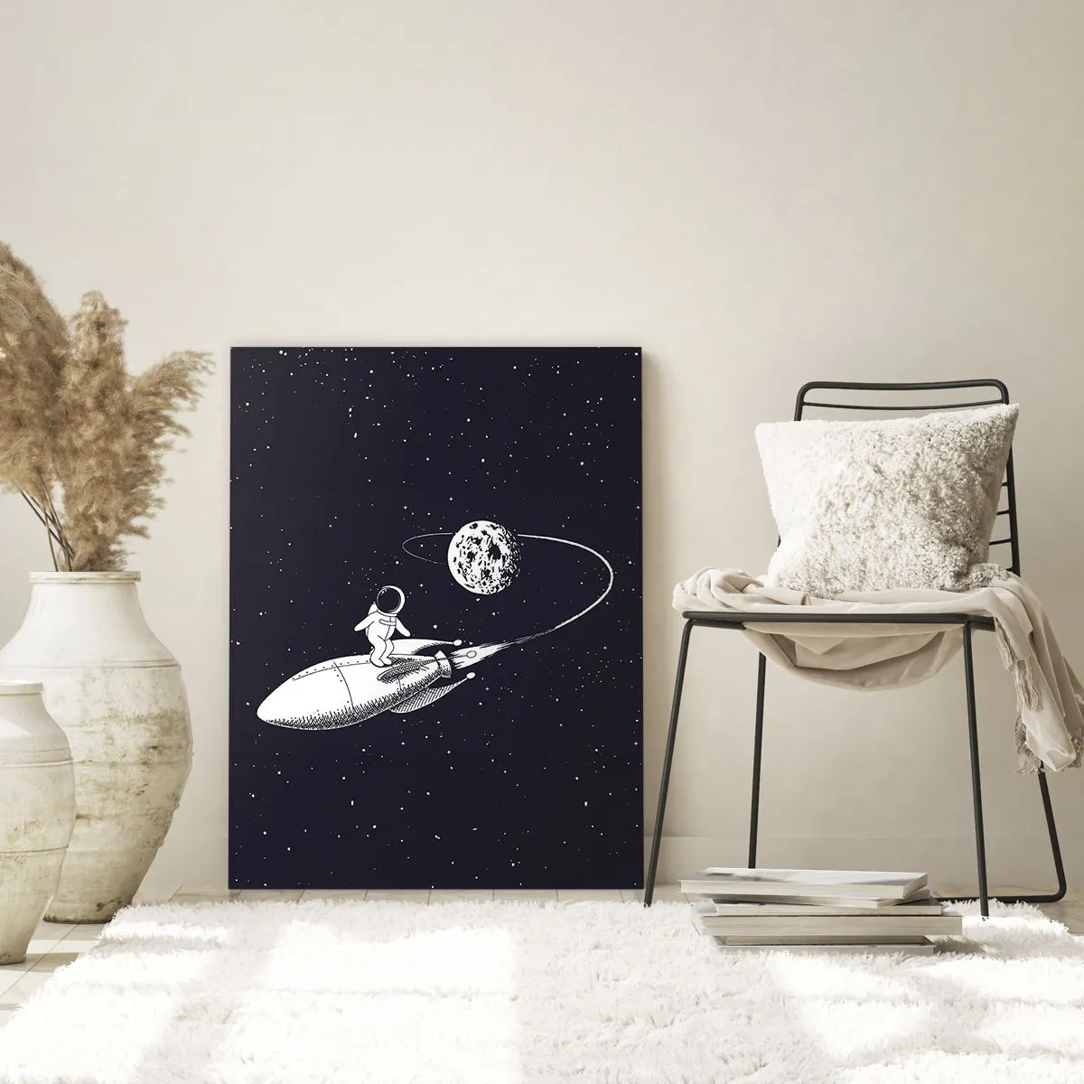 Obraz na szkle - Rysunkowy astronauta surfujący w kosmosie na rakiecie - 50x70cm - Kosmiczny surfer - Nowoczesna dekoracja ścienna do salonu, kuchni i sypialni ARTTOR