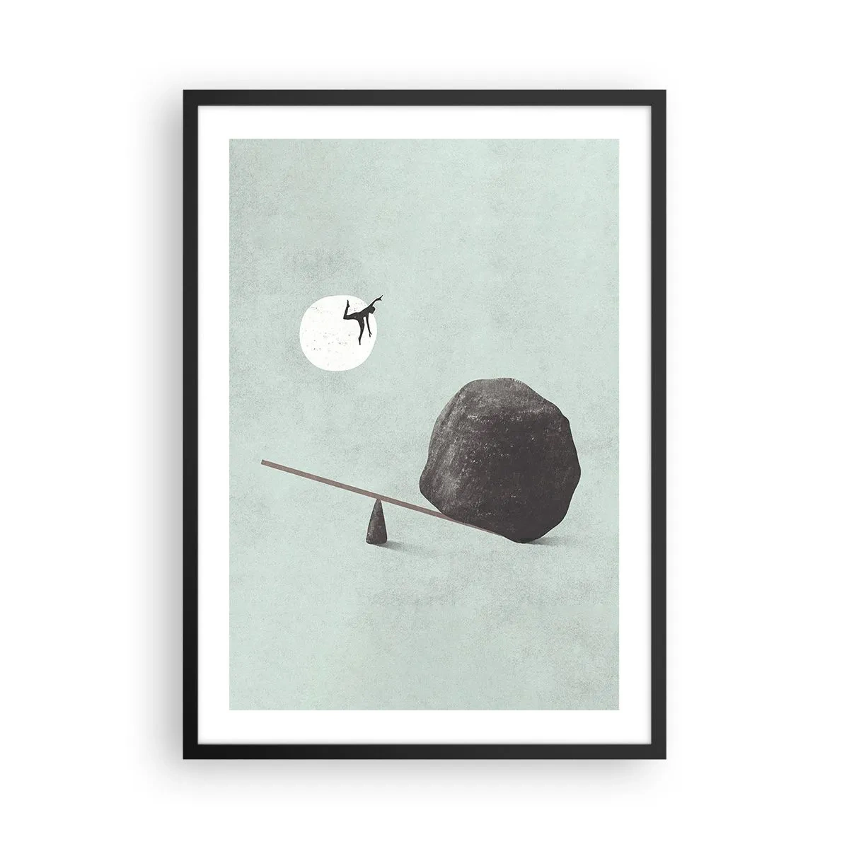 Plakat w czarnej ramie - Minimalistyczna waga z kamieniem i postacią na tle księżyca - 50x70cm - Spełnione marzenie - Nowoczesna dekoracja ścienna do salonu i sypialni ARTTOR