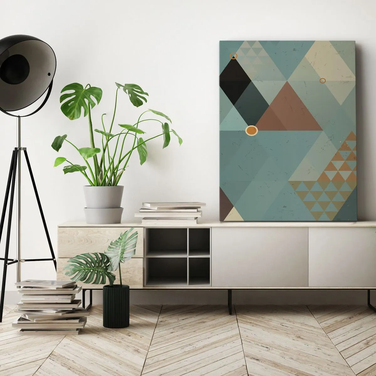 Obraz na płótnie - Geometryczne wzory w odcieniach turkusu i brązu - 70x100cm - Jedność wielości, wielość jedności - Nowoczesna dekoracja ścienna do salonu i sypialni ARTTOR