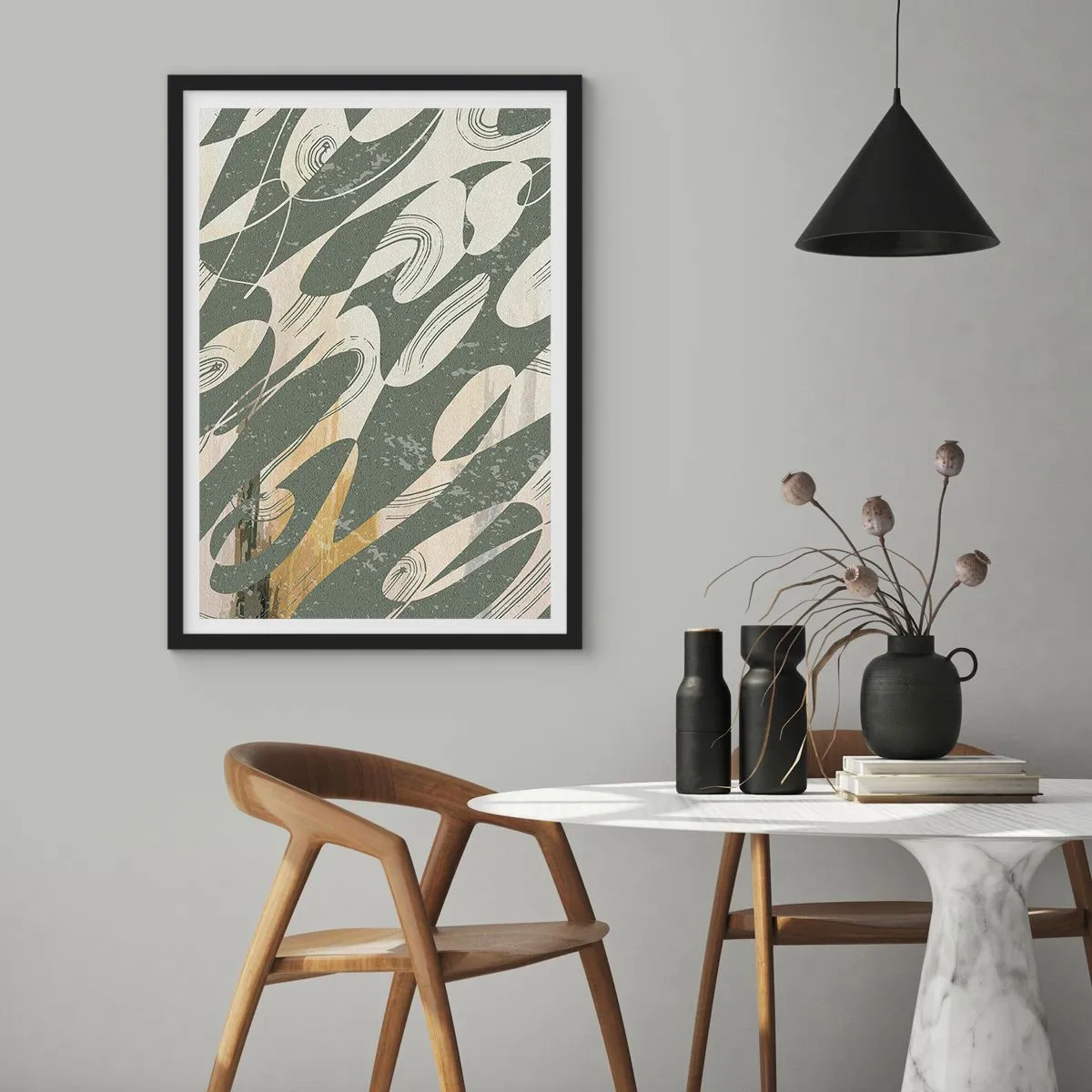 Plakat w czarnej ramie - Abstrakcyjna kompozycja organicznych kształtów w zieleni i beżu - 50x70cm - Abstrakcja zrytmizowana - Nowoczesna dekoracja ścienna do salonu i sypialni ARTTOR