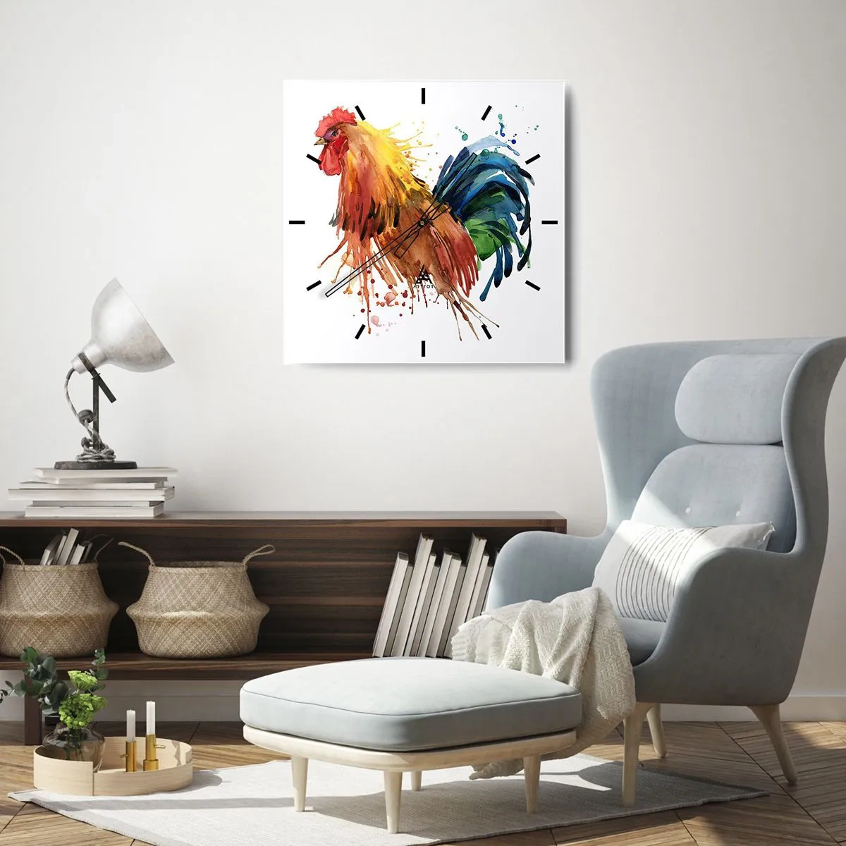 Zegar ścienny - Kolorowy kogut w akwarelowym stylu - 30x30cm - Królewska szata, królewska duma - Nowoczesna dekoracja ścienna do salonu i sypialni ARTTOR