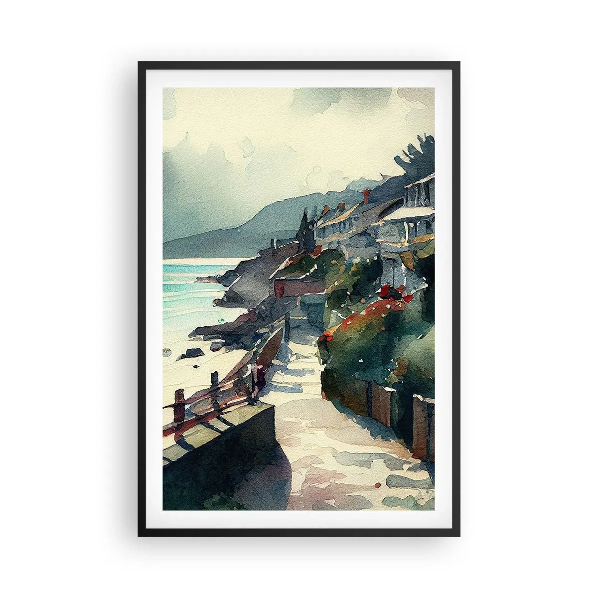 Plakat w czarnej ramie - Śródziemnomorskie miasteczko - 61x91 cm