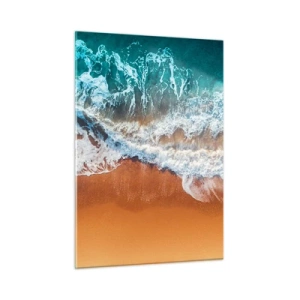 Obraz na szkle - Fale oceanu uderzające o brzeg z lotu ptaka - 50x70cm - Zawsze w parze - Nowoczesna dekoracja ścienna do salonu, kuchni i sypialni ARTTOR