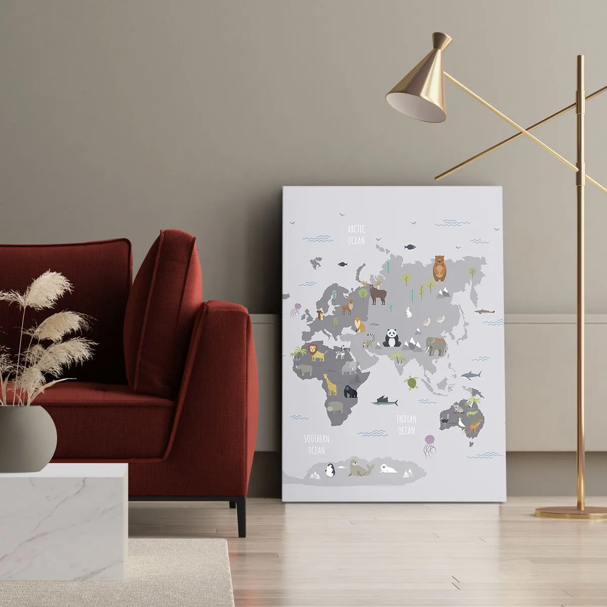 Obraz na płótnie - Mapa świata z ilustracjami zwierząt charakterystycznych dla różnych regionów - 50x70cm - Powiedz mi, skąd jesteś… - Nowoczesna dekoracja ścienna do salonu, kuchni i sypialni ARTTOR