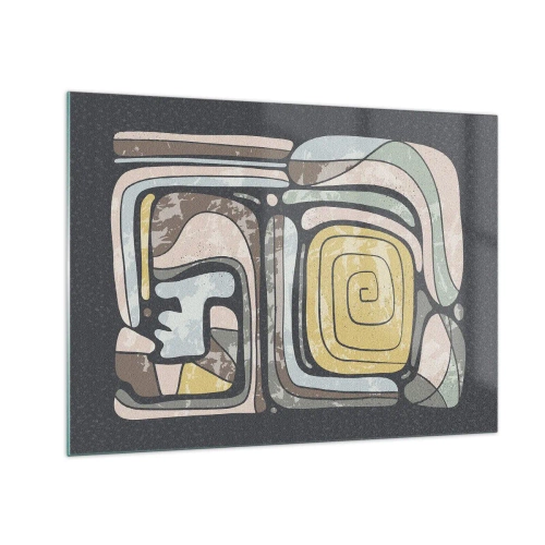 Obraz na szkle - Geometryczna abstrakcja w kolorach ziemi na czarnym tle - 70x50cm - Abstrakcja w duchu prekolumbijskim - Nowoczesna dekoracja ścienna do salonu i sypialni ARTTOR