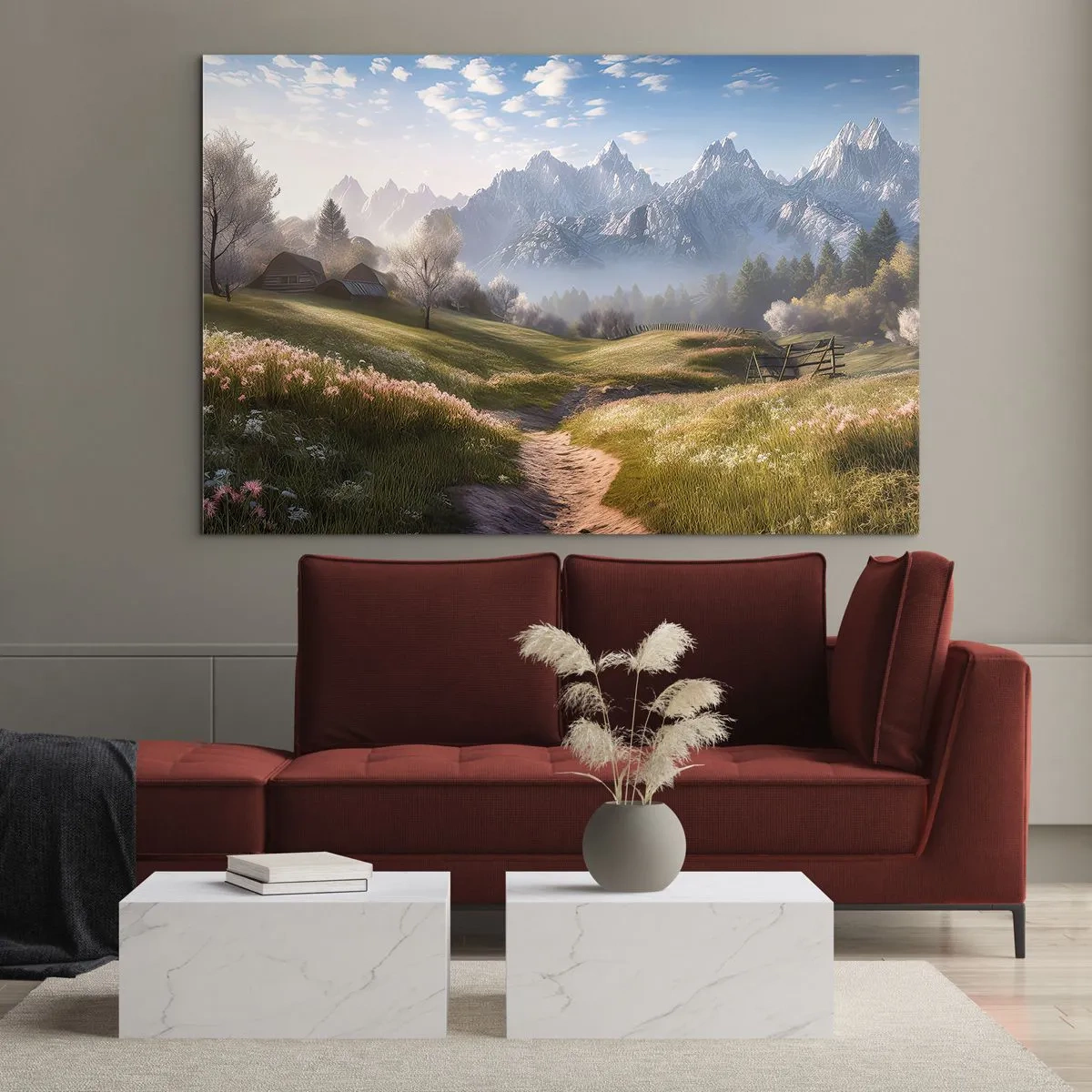 Obraz na szkle - Wiosenny krajobraz z doliną, kwiatami i górami w tle o poranku - 70x50cm - Sielska dolina - Nowoczesna dekoracja ścienna do salonu i sypialni ARTTOR