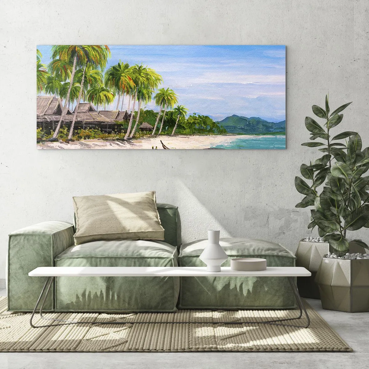 Obraz na szkle - Egzotyczna plaża z palmami i łodzią przy brzegu - 120x50cm - Egzotyczny sen - Nowoczesna dekoracja ścienna do salonu i sypialni ARTTOR