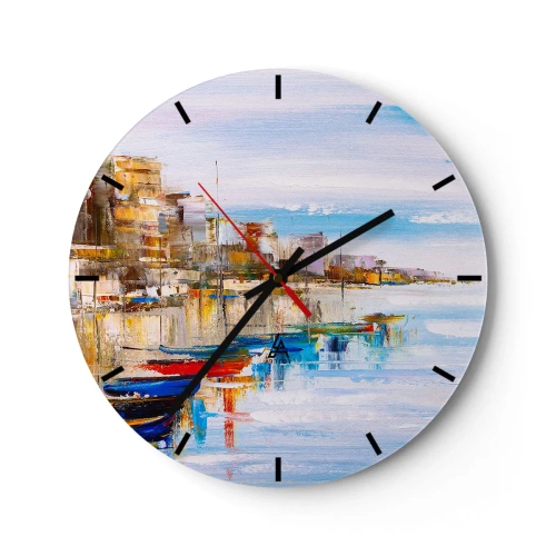 Zegar ścienny - Kolorowa przystań miejska w stylu impresjonistycznym - 30x30cm - Wielobarwna miejska przystań - Nowoczesna dekoracja ścienna do salonu, kuchni i sypialni ARTTOR