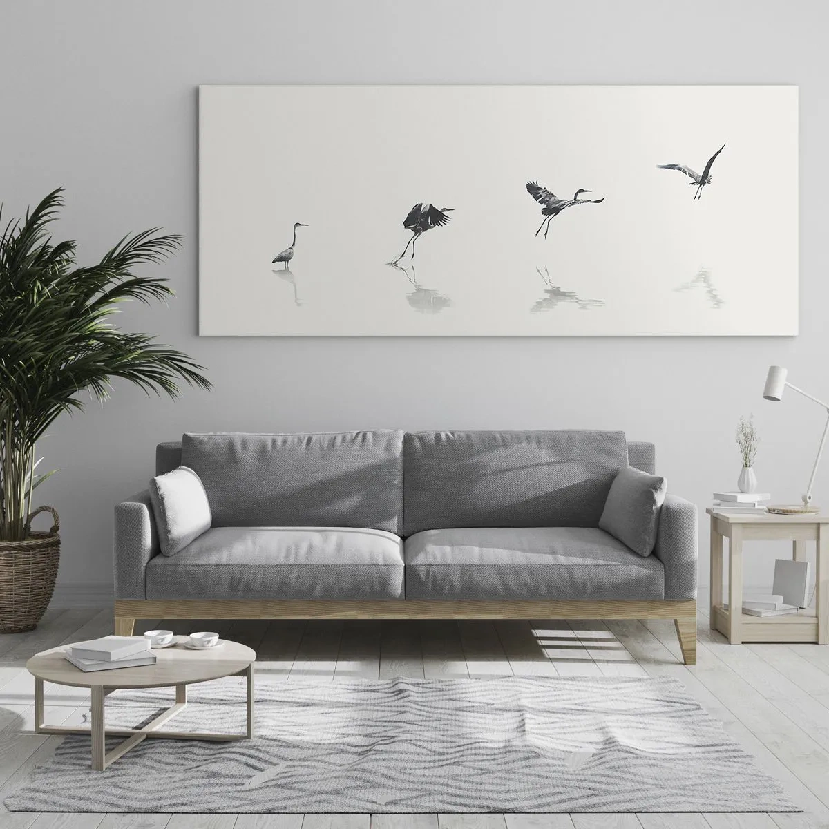 Obraz na szkle - Cztery sylwetki ptaków odbijające się na spokojnej wodzie - 120x50cm - Cztery proste kroki - Nowoczesna dekoracja ścienna do salonu i sypialni ARTTOR