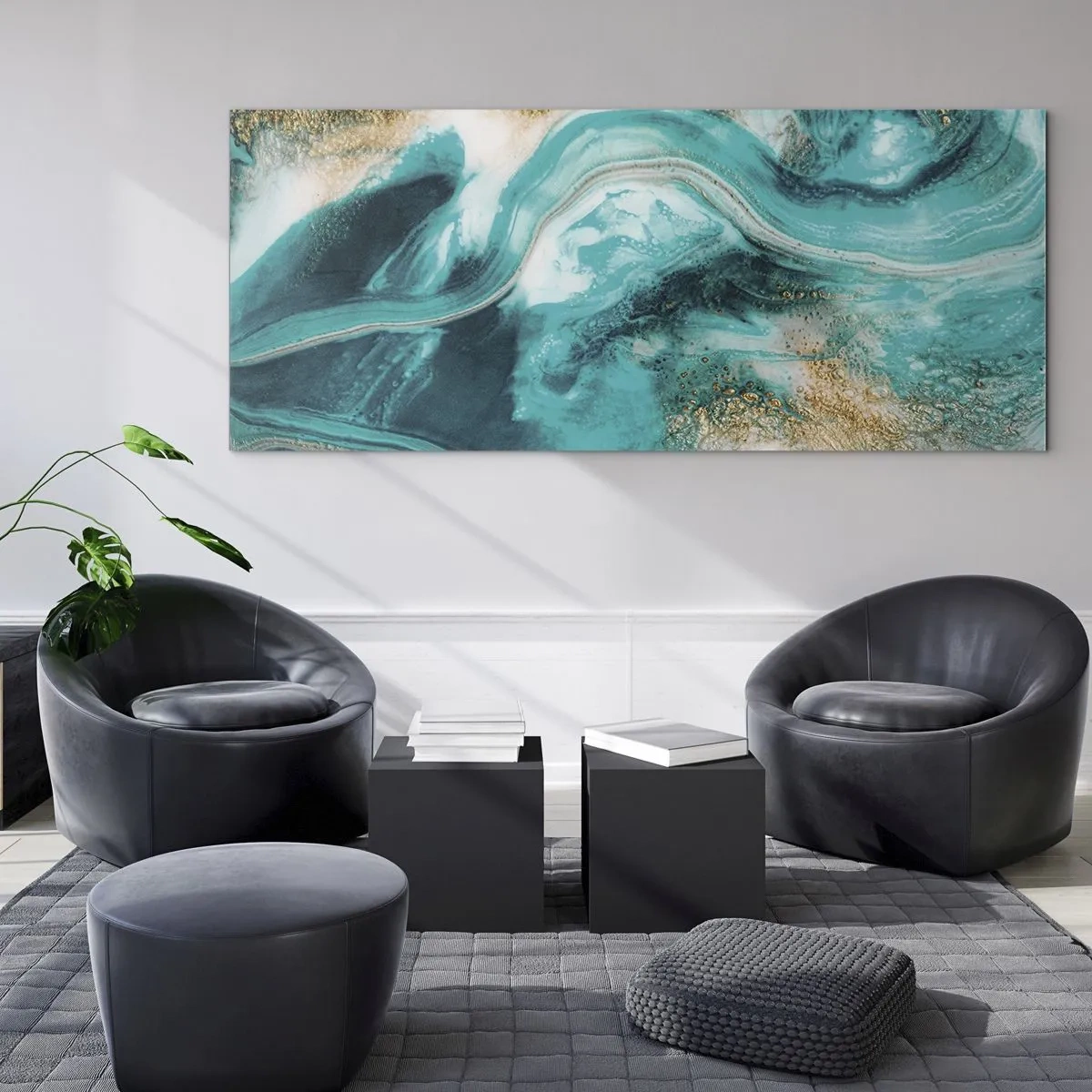 Obraz na szkle - Turkusowa abstrakcja z białymi i złotymi akcentami - 120x50cm - Rzeka złota - Nowoczesna dekoracja ścienna do salonu i sypialni ARTTOR