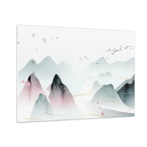 Obraz na szkle - Pastelowe góry z lecącym stadem ptaków i złotymi liniami - 100x70cm - Ponad szczytami - Nowoczesna dekoracja ścienna do salonu, kuchni i sypialni ARTTOR