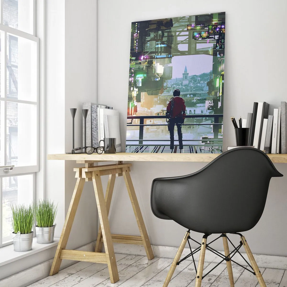Obraz na szkle - Postać na tle futurystycznego miasta z widokiem na starówkę - 50x70cm - Dwa światy - Nowoczesna dekoracja ścienna do salonu, kuchni i sypialni ARTTOR