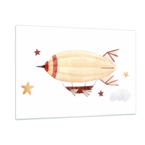Obraz na szkle - Rysunkowy sterowiec wśród gwiazd na białym tle - 120x80cm - Powietrzny statek - Nowoczesna dekoracja ścienna do salonu, kuchni i sypialni ARTTOR