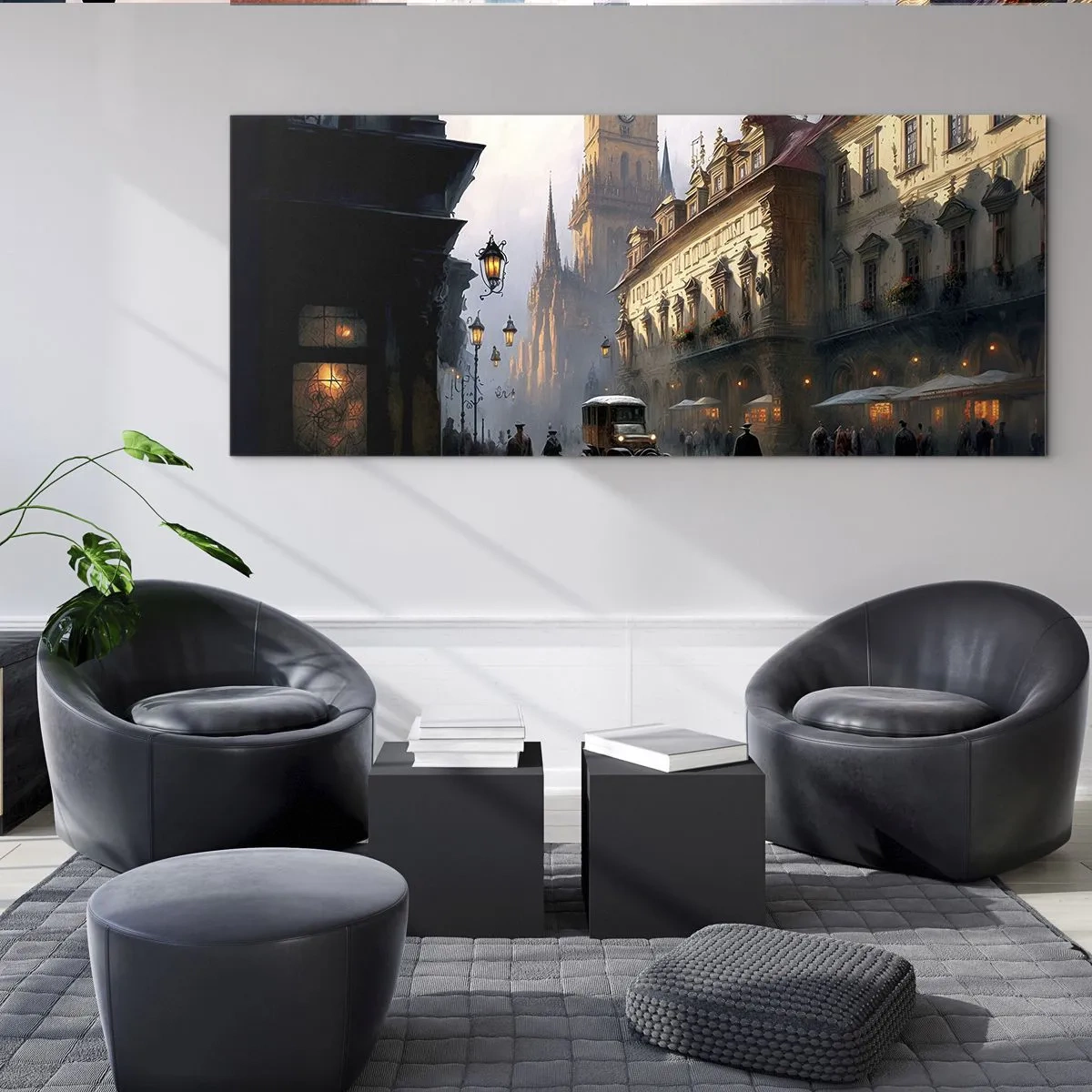 Obraz na szkle - Wieczorna scena uliczna z zabytkową architekturą - 160x50cm - Czar praskiego wieczoru - Nowoczesna dekoracja ścienna do salonu i sypialni ARTTOR