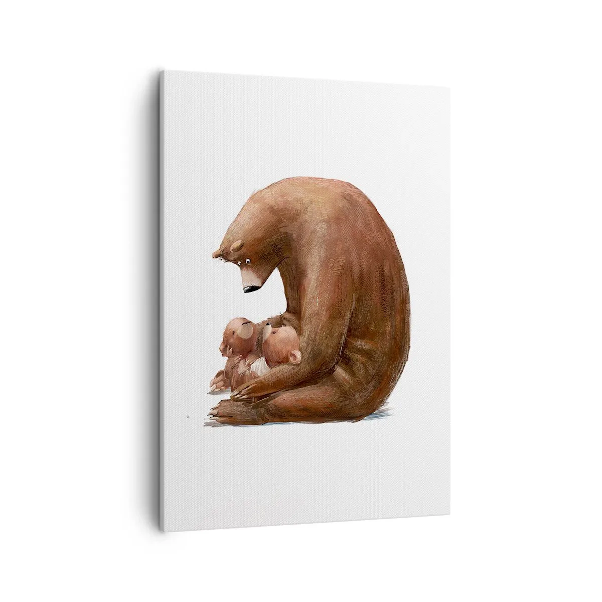 Obraz na płótnie - Mama niedźwiedzica przytulająca dwa małe misie na białym tle - 50x70cm - Słodkich snów, dzieciaki - Nowoczesna dekoracja ścienna do salonu, kuchni i sypialni ARTTOR