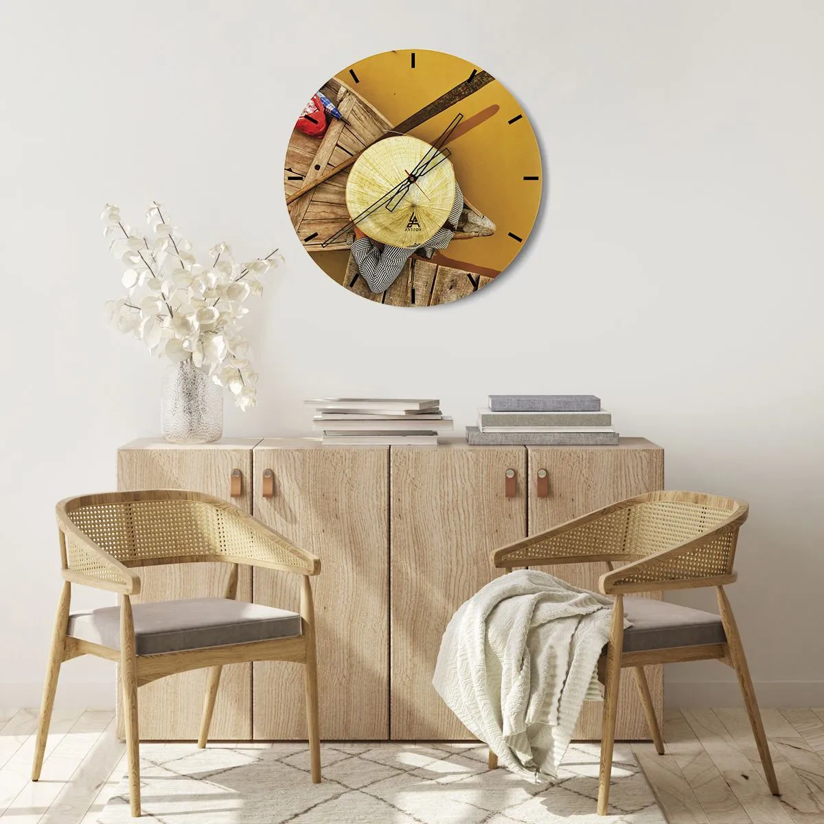Zegar ścienny - Osoba w kapeluszu na drewnianej łodzi na żółtej rzece - 30x30cm - Życie na żółtej rzece - Nowoczesna dekoracja ścienna do salonu, kuchni i sypialni ARTTOR