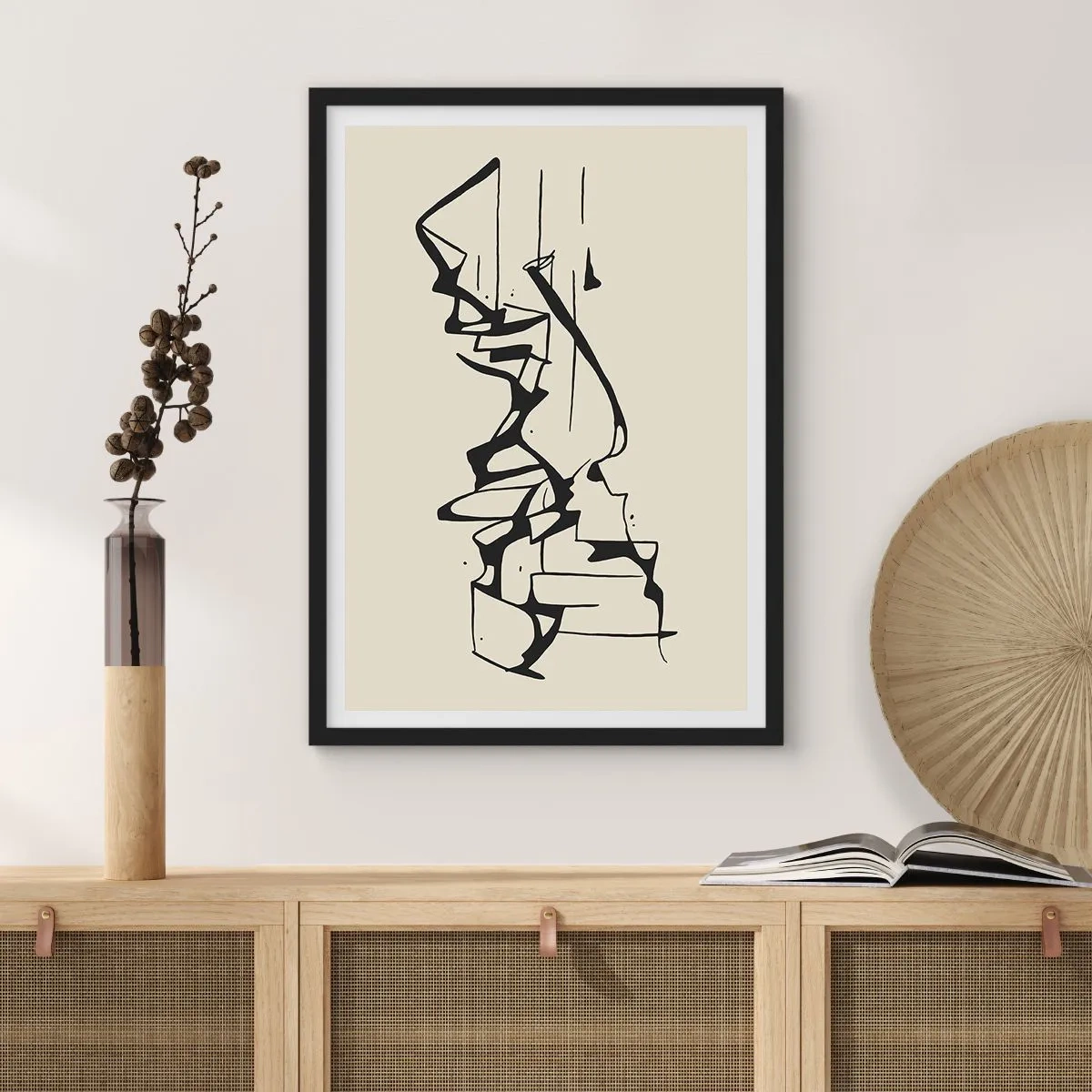 Plakat w czarnej ramie - Abstrakcyjna czarno-biała kompozycja linii i kształtów - 50x70cm - Być może pejzaż - Nowoczesna dekoracja ścienna do salonu i sypialni ARTTOR