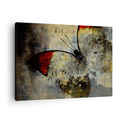 Obraz na płótnie - Motyl w odcieniach czerwieni i szarości na teksturowanym tle - 70x50cm - Patrz, zanim zniknę - Nowoczesna dekoracja ścienna do salonu i sypialni ARTTOR