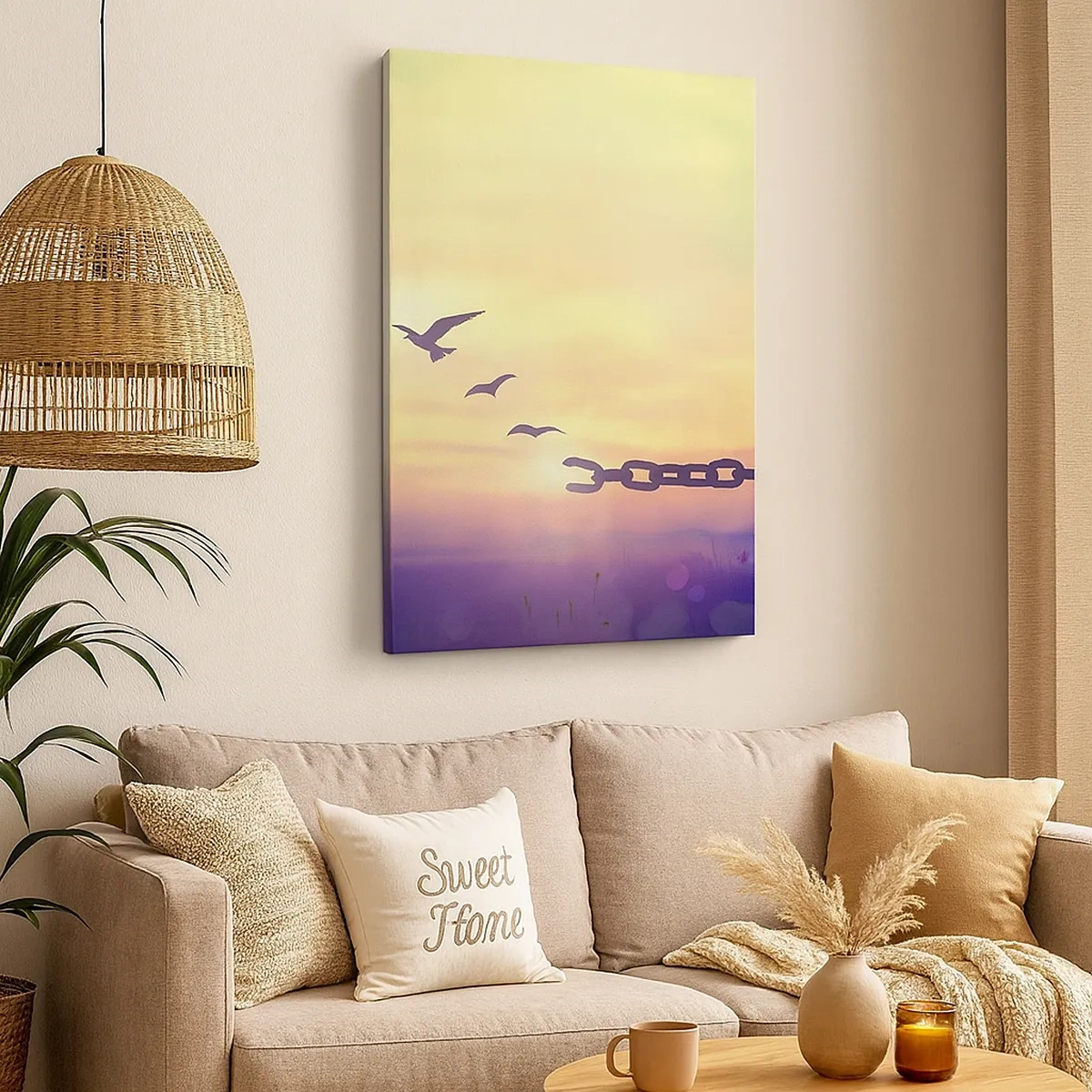 Obraz na płótnie - Symboliczne zerwanie łańcucha i odlatujące ptaki o zachodzie słońca - 50x70cm - Zwycięstwo wolności - Nowoczesna dekoracja ścienna do salonu, kuchni i sypialni ARTTOR