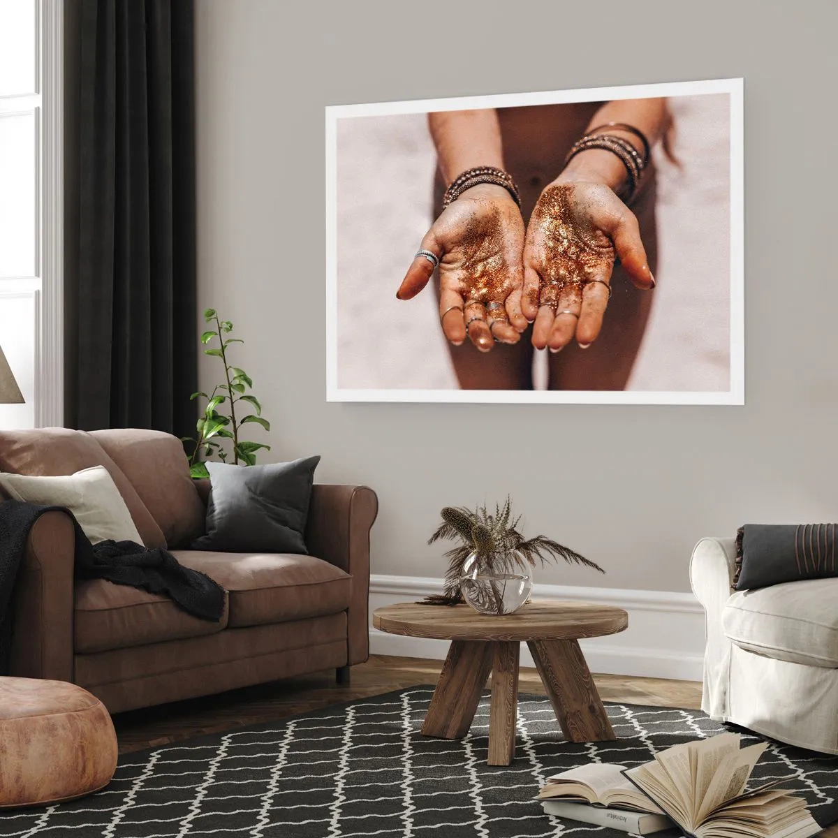 Plakat - Dłonie z brokatem w ciepłych odcieniach na zbliżeniu - 100x70cm - Dar dla ciebie - Nowoczesna dekoracja ścienna do salonu i sypialni ARTTOR