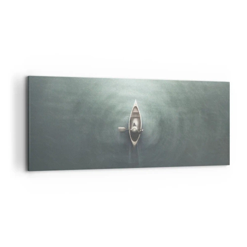 Obraz na płótnie - Samotna łódź na spokojnej wodzie w minimalistycznej scenerii - 120x50cm - Przez księżycowe jezioro - Nowoczesna dekoracja ścienna do salonu i sypialni ARTTOR