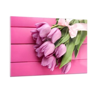 Obraz na szkle - Bukiet różowych tulipanów na drewnianym tle - 120x80cm - Właśnie dla ciebie - Nowoczesna dekoracja ścienna do salonu, kuchni i sypialni ARTTOR