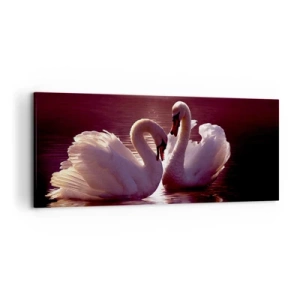 Obraz na płótnie - Dwa łabędzie na spokojnym jeziorze o zachodzie słońca - 120x50cm - Aż śmierć nas nie rozłączy - Nowoczesna dekoracja ścienna do salonu i sypialni ARTTOR