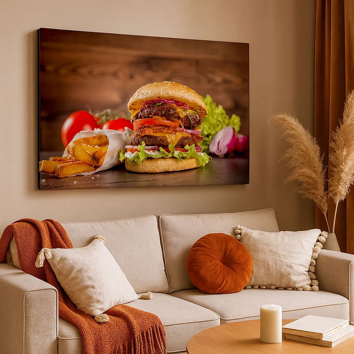 Obraz na płótnie - Apetyczny burger z dodatkami - 70x50cm - Zakazany owoc - Nowoczesna dekoracja ścienna do salonu i sypialni ARTTOR