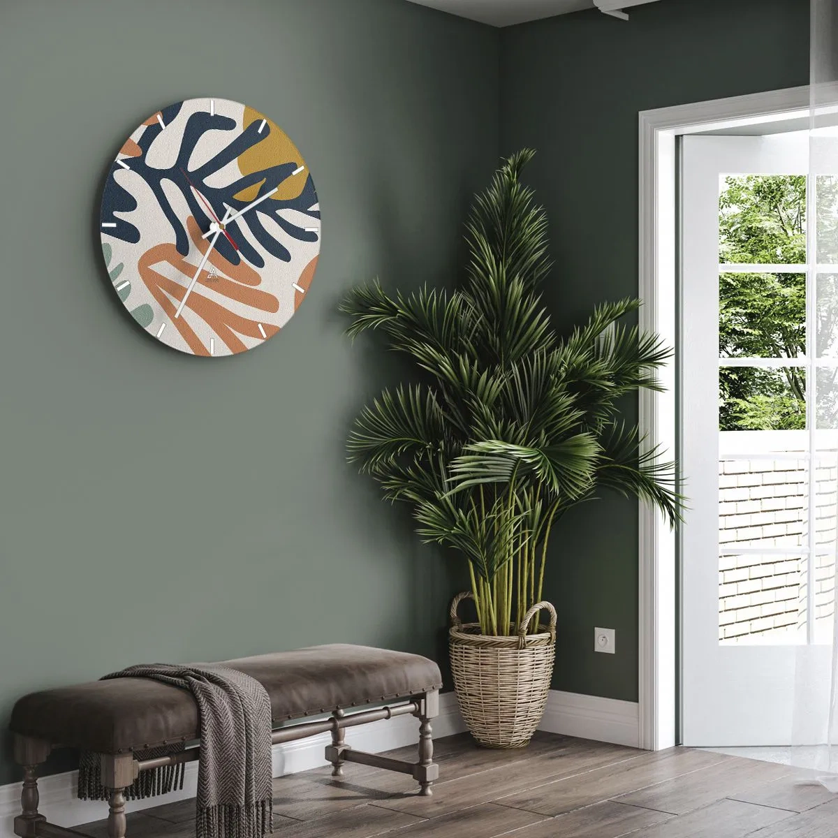Zegar ścienny - Kolorowe liście w graficznym stylu na jasnym tle - 30x30cm - Koralowe morza - Nowoczesna dekoracja ścienna do salonu, kuchni i sypialni ARTTOR