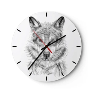 Zegar ścienny - Czarnobiały szkic głowy wilka na białym tle - 30x30cm - Urodzony przywódca - Nowoczesna dekoracja ścienna do salonu, kuchni i sypialni ARTTOR